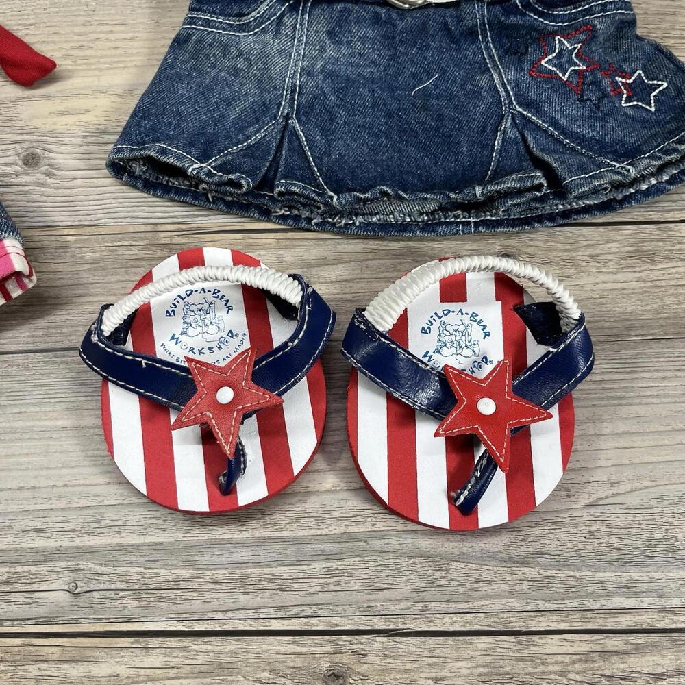 Build A Bear Outfits Denim Jean Skirt Skechers Shoes Love Red White Blue Visor - Picture 2 of 9